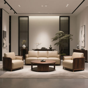 New Chinese Style Solid Black Walnut Wood Sofa And Coffee Table Set Three-Seater Villa Leather Sample Room Furniture