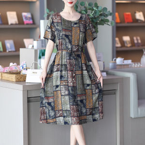 Elegant Mid-Late Age Womens Cotton Silk Dress Short Sleeve Commuter Style Korean Version Floral Pattern Large Size Dress