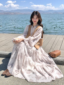 Elegant Printed Maxi Dress Two-Piece Set Slimming Vest High Waist Bubble Sleeve Spring Commute Style Korean Fashion