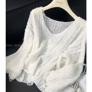 Áo Len Dệt Kim Cổ Chữ V Ngắn Phong Cách Tươi Mới Mùa Hè 2020 Áo Len Dệt Kim Không Tay Dài Tay Màu Trơn Thường Ngày Cho Nữ