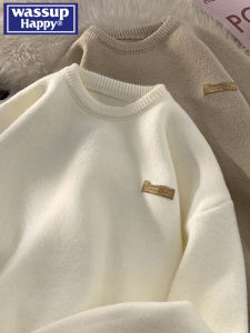 Wassup Happy round Neck Knitwear Loose Fit Mens Base Layer Shirt Youth Trendy Brand Inner Wear Casual Long Sleeve Winter Sweater