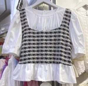 ●ECLAIRE● 043 Blouse Katun Rajut Knit Lengan Pendek Shorsleeves Motif Houndstooth HS Rolinka Korea Kasual Casual Kerja Santai Import