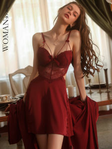 ชุดนอนผู้หญิงเซ็กซี่ ชุดสองชิ้น ผ้าไหมน้ำแข็ง ฤดูร้อน ฤดูใบไม้ผลิ ฤดูใบไม้ร่วง เสื้อคลุมก่อนแต่งงาน ชุดคลุมก่อนแต่งงาน