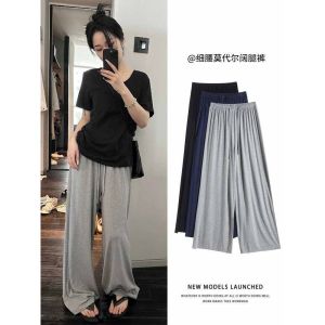 Light Grey Modal Wide Leg Pants Womens Loose Straight Casual Thin High Waist Slimming Drapey Trousers Comfortable Fashion