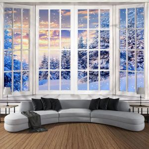 VIKAMA Christmas Tapestry Window Winter Forest Snow Scene Wall Tapestry Living Room Bedroom Holiday Decoration Home Decoration