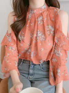 Shoulder Bared Floral Print Chiffon Shirt Womens Bell Sleeve Thin Top Design Sensation Unique Style Casual Fashionable