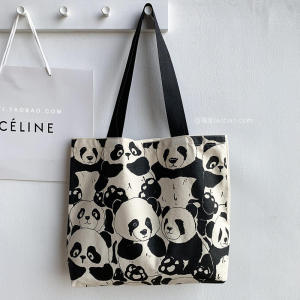 Cute Panda Canvas Bag Womens Single Shoulder Large Capacity Zipper Canvas Bag Handheld Shopping Bag Double-Sided Printing