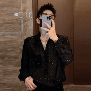 ทันสมัย เสื้อเชิ้ตผู้ชายไนท์คลับแขนยาว ฤดูร้อน Non-iron บางเฉียบ หลวม สีดำ เดรส เสื้อเชิ้ต อินเทรนด์ สตรีทแวร์ สไตล์