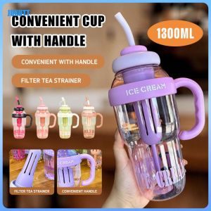 1300ml Cute Large Capacity Plastic Water Cup Water Bottle With Straw And Handle Heat-resistant Water Bottle Anti Drop Outdoor Water Cup Juxutt