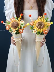 Creative Handmade Crochet Sunflower Bouquet Ice Cream Cone Teachers Day Gift  Style Non-Customizable General Festival