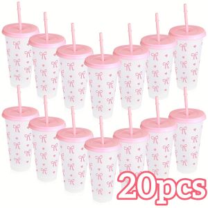 2/20pcs 24oz Reusable Party Cups with Straw & Lid Cute Bow Plastic Tumblers for Cold Drinks Home Office Outdoor Use Summer Gift