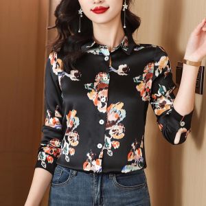 Elegant Acetate Satin Long Sleeve Womens Shirt Vintage Floral Print Slimming Black Top Fashionable Commute Style Button Detail