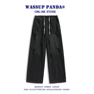Wassup Panda American Retro High Street Mens Straight Leg Jeans Trendy Loose Fit Casual Long Pants Wear Resistant Cotton Polyester Blend