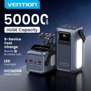 Vention 50000mAh Powerbank Heavy Duty Original Outdoor Power Station Built in 4 Cord 4-Level Lighting 22.5W Fast Charging LED Display for iPhone 17 16 15 Pro Max Samsung Galaxy S23 S24 Xiaomi 14 Power Bank