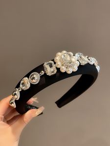 Black High-End Pearl Hairband Heavy-Work Flash Diamond Elegant Fashion Hair Clip New 2023 Top Knot Pearl Hairband