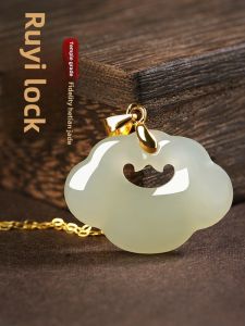 Hotian Jade Pendant Womens Gold Inlaid Ruyi Safety Lock Necklace Jade Pendant Chinese Clavicle Chain Birthday Gift for Girls