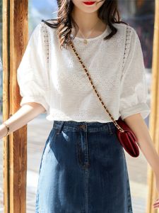 Summer New Short Sleeve Top Super Girl Cut Out Puff Sleeve Lace Shirt Loose Temperament Simple Western Style Small Shirt Fashion