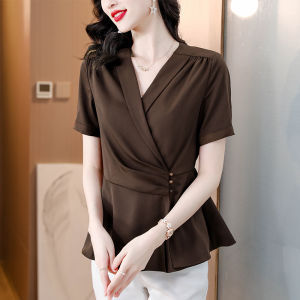 เสื้อเชิ้ตผ้าชีฟองทรงเข้ารูปสำหรับผู้หญิงในช่วงฤดูร้อนปี 2024 เสื้อเชิ้ตผู้หญิงทรงเข้ารูปคอพับสไตล์สูทพร้อมกระโปรงและเสื้อผ้าสำหรับคุณแม่