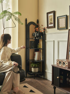 Retro French Wicker Corner Cabinet Multi-Functional Storage Rack American Mid-Century Style Entrance Hall Bookcase Integration