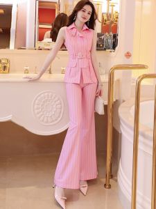 MUBEELE | Pink Fashion Street Style Set Womens Sleeveless Top Flared Pants Summer New Trend Age-Defying High-End Feeling Two-Piece Suit