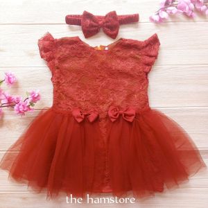 Gaun Pesta Anak Bayi Perempuan 7 Bulan Dress Kondangan Ulang Tahun Brukat Tille Teracota Merah Bata
