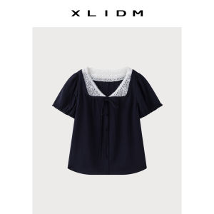 Plus Size Slimming Linen/Checkered Lace False Two-Piece Short Sleeve Top