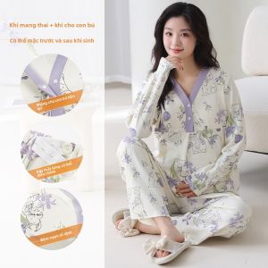 MiiOW | Đồ ngủ cotton nguyên chất mùa hè cho bà bầu MiiOW Váy ngủ dài tay cổ chữ V thoáng khí có đệm ngực Quần áo mặc nhà thoải mái