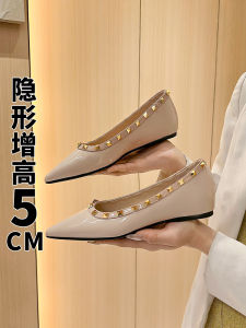 French Pointed Toe Elevator Flat Bottom Womens Shoes Autumn Rivet Low Heel Large Size Shoes 41 to 43 Fashionable Korean Style