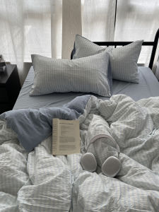 Ins Salted Sea Blue Striped Floral Washed Cotton Three-Piece Student Bedding Set Embossed Crepe Duvet Cover Bed Sheet Set