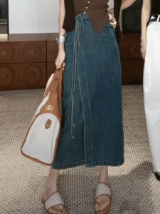 Retro Lace-up Denim Skirt Womens Loose Slimming Sense of Design Niche Style Small Mid Length Long Length Casual Dress Fashion