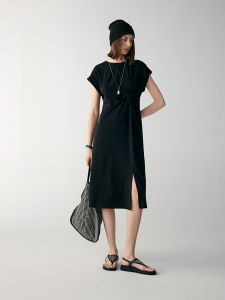 MSLAN Summer Lightweight Belted Short Sleeve Dress Breathable Shoulder Pad Design Casual Chic Knot Detailing Womens Dress