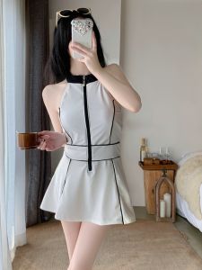 2025 New INS Style Pure White High Collar Zipper Waist Cinched Dress One Piece Swimsuit Women Elegant Goddess Show Chest