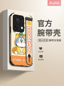 Oppo Reno8 Protective Case with Wristband Silicone Female Version Full Cover Stand Anti-Fall Creative Personality Cute Kitty Blue Fat Cat