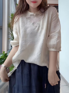 UYFY | Elegant White Short Sleeve Embroidered Loose Casual Shirt Women Summer Fashion Plus Size New Style Button Up Top