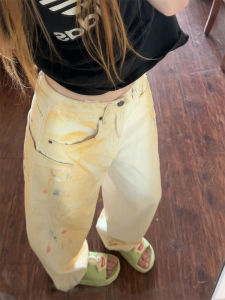 Quần Jeans Ống Rộng Màu Khô Đen Phong Cách Mỹ Retro Graffiti Cho Nữ Quần Dài Thường Ngày Cạp Cao Màu Trắng Khóa Kéo