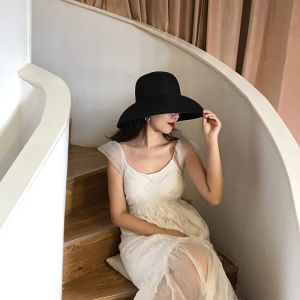 Giày Vintage Pháp Mũ Đen Kích Thước Lớn Ống Hút Mặt Trời Mũ Dành Cho Nữ Lý Tưởng Cho Bãi Biển Và Du Lịch Xuân Hạ Thu