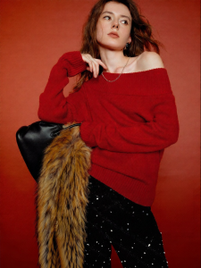 Toyouth | Off Shoulder Soft Mohair Sweater Female Red