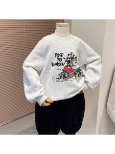 Childrens Hoodie Autumn Clothes 2024 New Style Boys Mid-Thick Long Sleeve round Neck Pullover Cartoon Print Warm Top