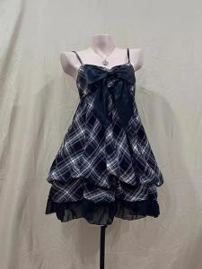 Japanese Style Vintage Plaid Summer Dress Womens Slim Fit Strap Vestoonite Skirt Butterfly Knot Mid-long Sleeveless Dresses