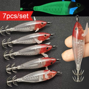 7pcs/set 8cm/ 5.7g Luminous Squid Jig Hook Shrimp Fishing Lures Sea Fishing Accessories Artificial Bait Octopus Lure