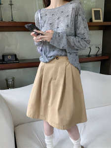 Khaki Umbrella Skirt Back Elastic High Waist Mid Length Long Length Skirt Autumn New Arrival Slimming A- line Skirt Preppy Style Skirt