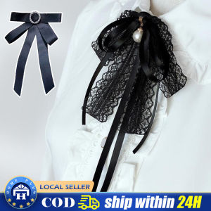 【Local delivery】 Women Black Lace Ribbon Bow Tie Pearl Pendant Brooch Pin Necklace Jabot Collar