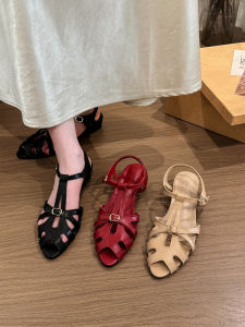 YX | Vintage Woven T-Strap Peep Toe Coarse Heel Roman Sandals