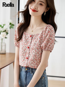 puella | Áo Blouse Chiffon Tay Ngắn In Hoa Mùa Hè Ôm Sát
