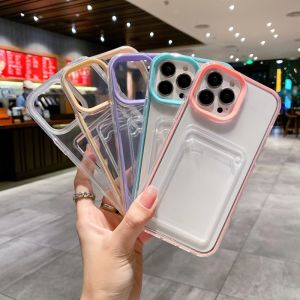 CrashStar 3 In 1 Transparent Clear Shockproof Phone Case With Card Slot Card Holder For iPhone 16 15 14 13 12 11 Pro Max XS XR X 8 7 Plus + SE 2020 Silicone Candy Color Border Simple Phone Casing Fashion Anti-fall Phone Cover Shell Hot Sale