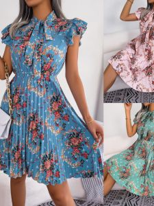 ชุดเดรสผ้าลูกไม้ดอกไม้ฤดูร้อน เอวเข้ารูป กระโปรงทรงเอ แขนกุด คอตั้ง สไตล์สาวน้อย วัสดุโพลีเอสเตอร์ 100%