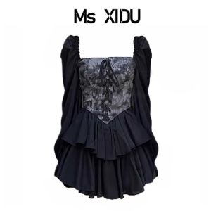 Ms XIDU Dark Tie Dye Heavy Work Puffy Skirt Womens New Irregular Waist Slimming Belted Dress Street Style High Waist Zipper Closure