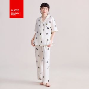 Hodo | Pure Cotton Sleepwear Short Sleeve Long Pants Double Layer Mesh Breathable Thin Air Conditioner Suit Cartoon Outdoor Home Clothes Set For Women