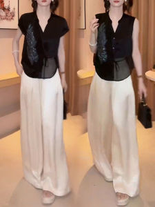 Shalldoer | Elegant Chinese Style Embroidered Shirt And High Waist Wide Leg Pants Two Piece Set For Women Summer New Arrival Casual Fit