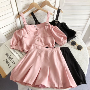 Korean Age-Reducing Button-up Short Sleeve Shirt and High-Waisted Ruffled Short Skirt Two-Piece Set for Women
